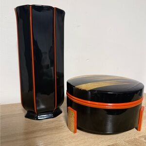 Vintage Japanese Lacquerware Vase & Bowl Box  Black Orange Gold Bento Soup Rice